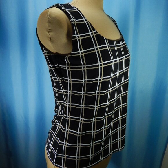 Calvin Klein Taupe & White on Black Scoop Neck Sleeveless Career Top Size Lg EUC - Picture 6 of 12